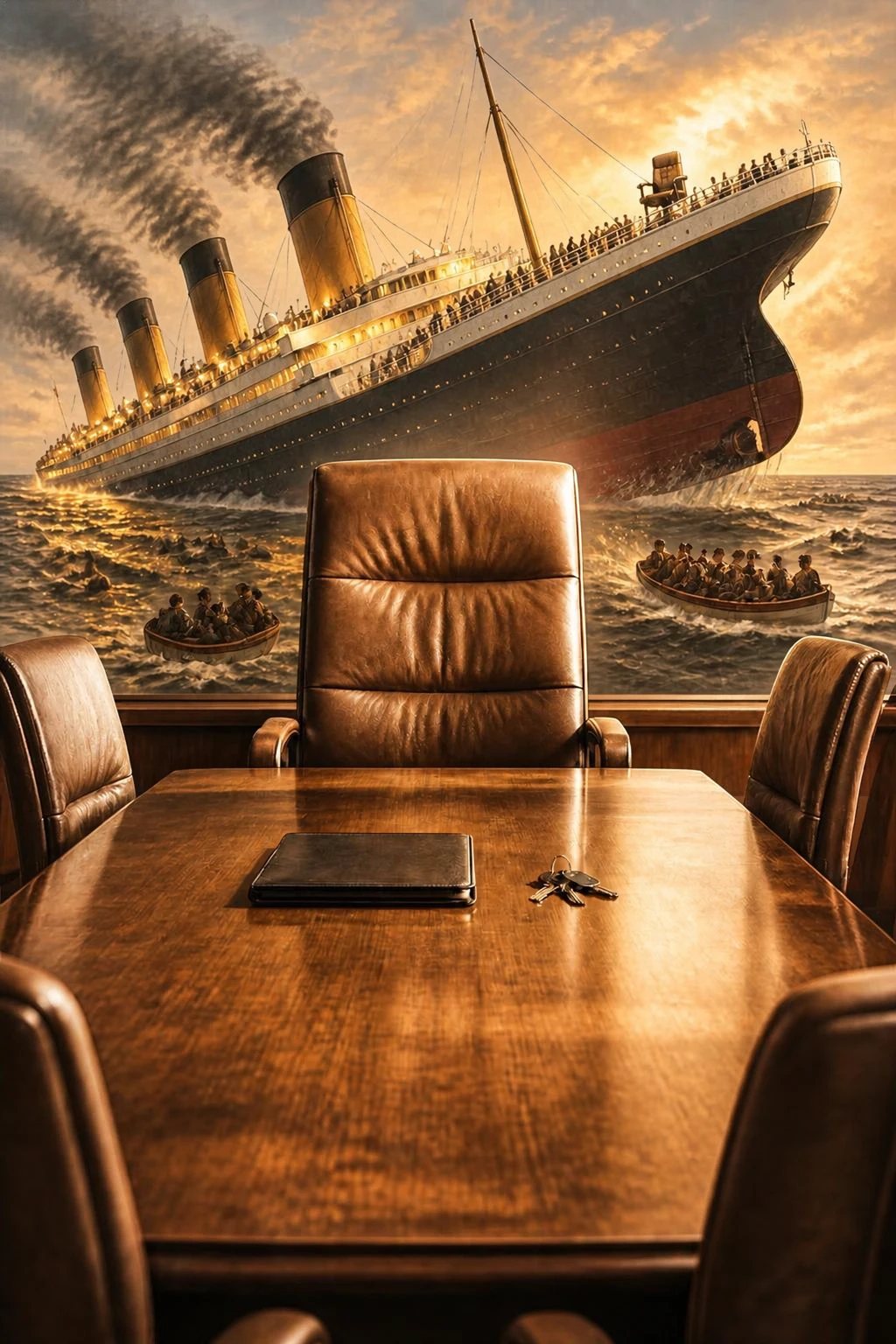 Illustration: an empty chair at the head of a boardroom table, with a sinking ship on the horizon behind it.