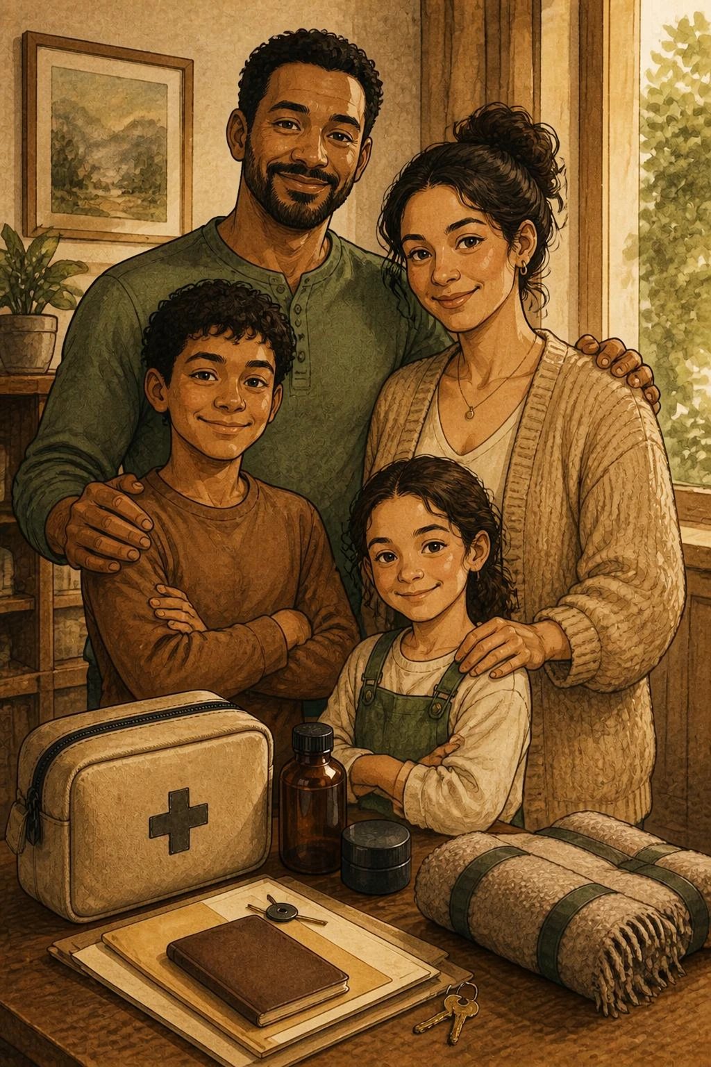Illustration: a smiling family at home beside a first-aid kit, documents, keys and a blanket, ready for whatever comes.